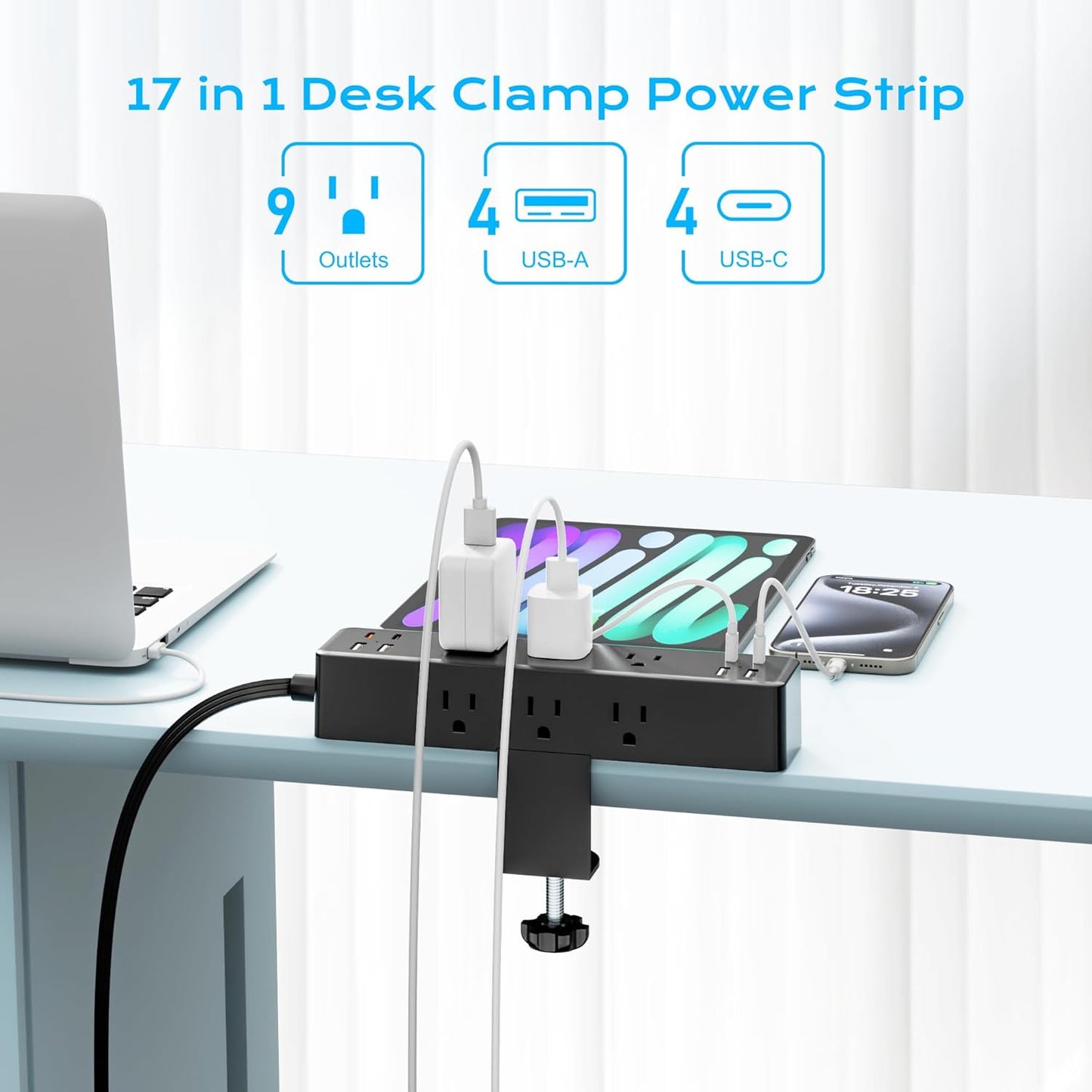 Flat Plug Desk Clamp Power Strip 10FT, 40W Total Fast Charging Station, Dual PD 20W USB C Ports, Desk Edge Mount Power Strip 9 AC Outlets 8 USB Ports(4 USB C), Fit 1.7" Tabletop Edge