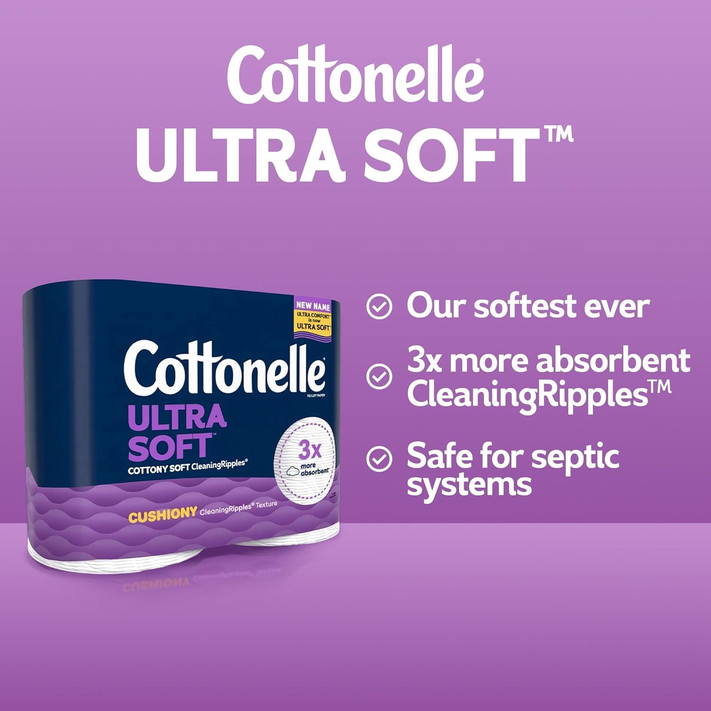 Cottonelle Ultra Soft Toilet Paper with Cushiony CleaningRipples Texture, Strong Bath Tissue, 24 Family Mega Rolls = 108 Regular Rolls (4 Packs of 6)