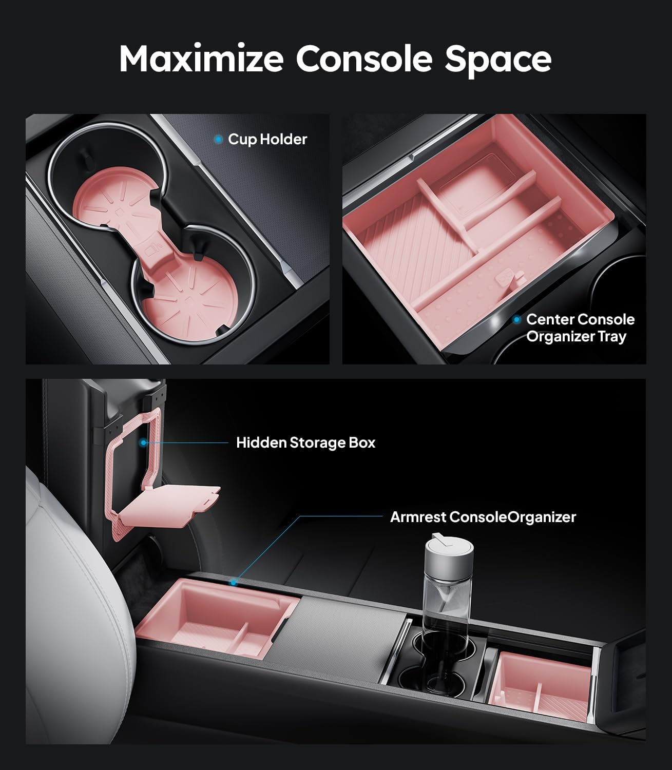 Wigoo Center Console Organizer for Tesla Model Y Juniper (Only Premium & Performance 2025 2026) and All Model 3 Highland Accessories [Double-Layer Storage, Smooth Sliding] 4PCS Pink
