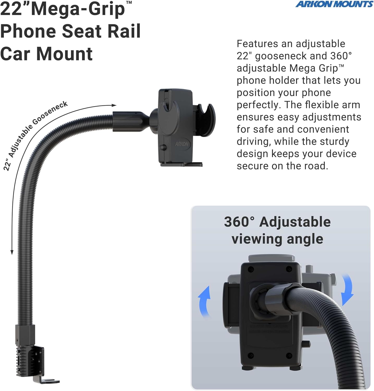 ARKON Mounts - Phone Holder with Car Seat Rail Mount | Car Phone Stand with Flexible 22" Arm | Professional-Grade Durability | Phone Holder For Car | For iPhone, Samsung, Google, Nokia, other phones