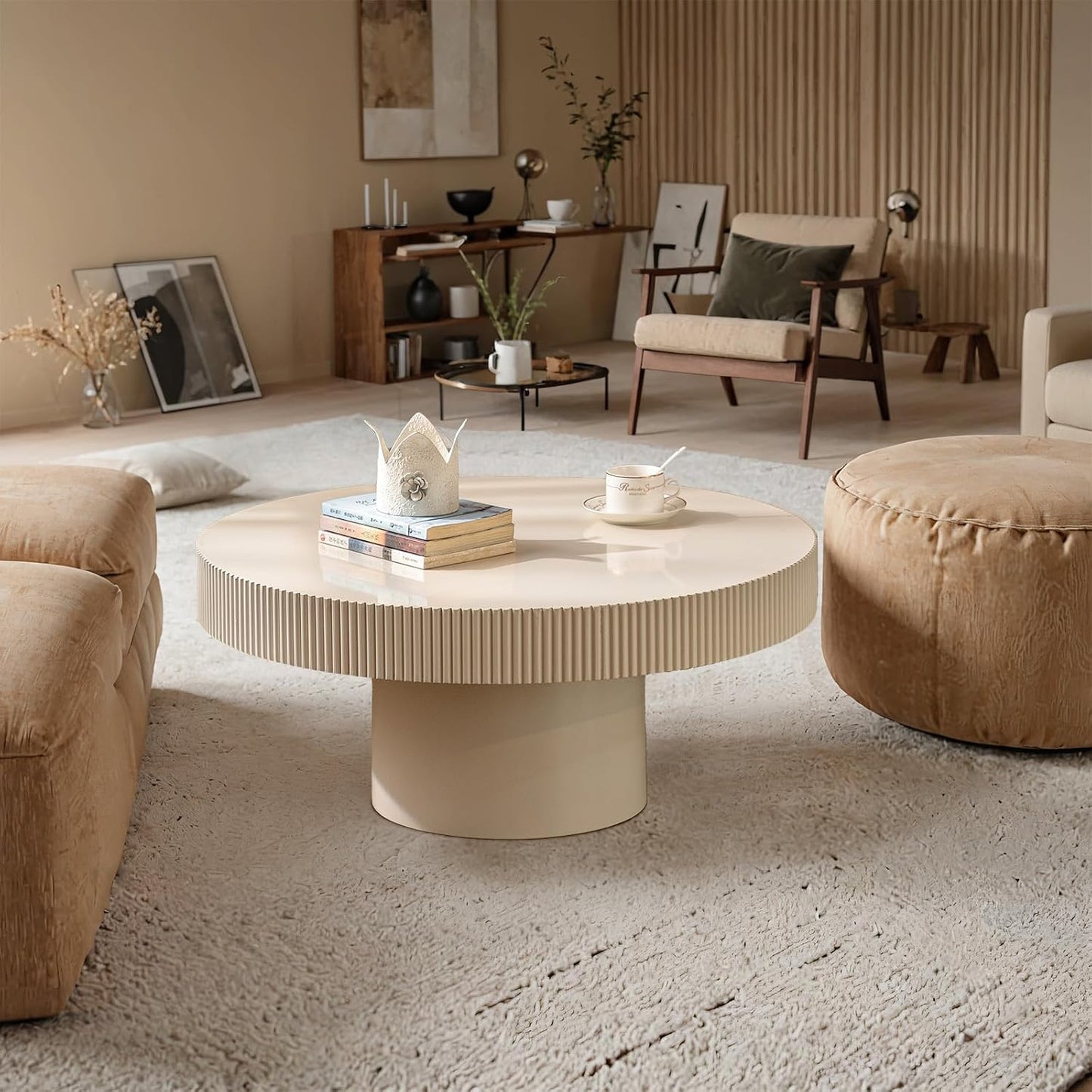 White Round Fluted Coffee Table for Living Room (Ivory White Thin Desktop) | Relief Edges, Circular Drum Coffee Table, for Office Outdoor