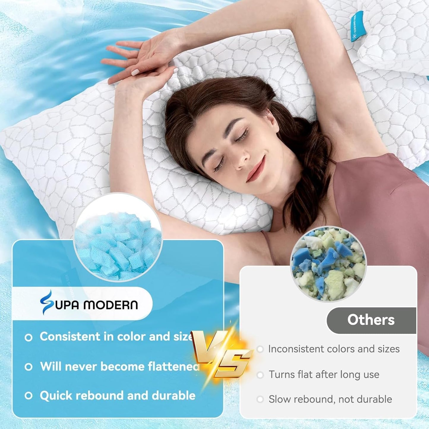 SUPA MODERN Cooling Pillow Queen Size Set of 2, CertiPUR-US Shredded Memory Foam Pillows for Sleeping, Cool Bed Pillows for Hot Sleepers, Adjustable Firm Pillow for Side,Back,Stomach Sleepers
