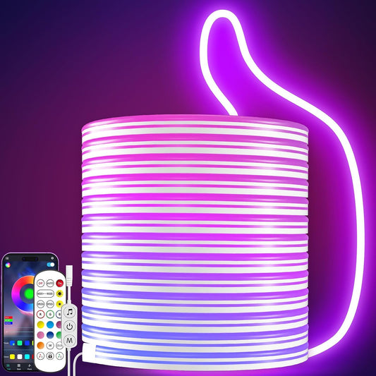 KANTUTOE LED Neon Rope Lights, 16.4ft RGB LED Light Strip, 24V Music Sync App/Remote Control DIY Rope Light, IP67 Waterproof Gaming Neon Strip Lights for Bedroom Indoor Oudoor Décor