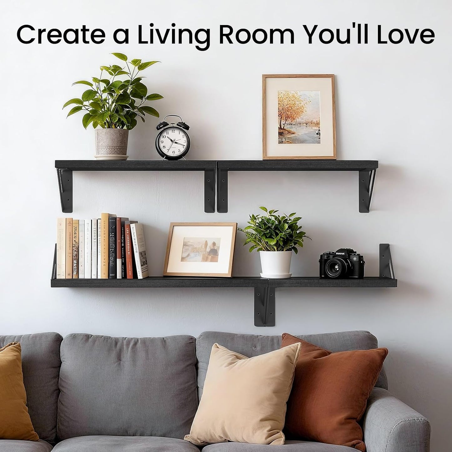 BAYKA Wall Mounted Floating Bathroom Shelves, Wood Wall Shelf for Bathroom Essentials & Decor, Space-Saving Display & Organizer (Black, Set of 4)