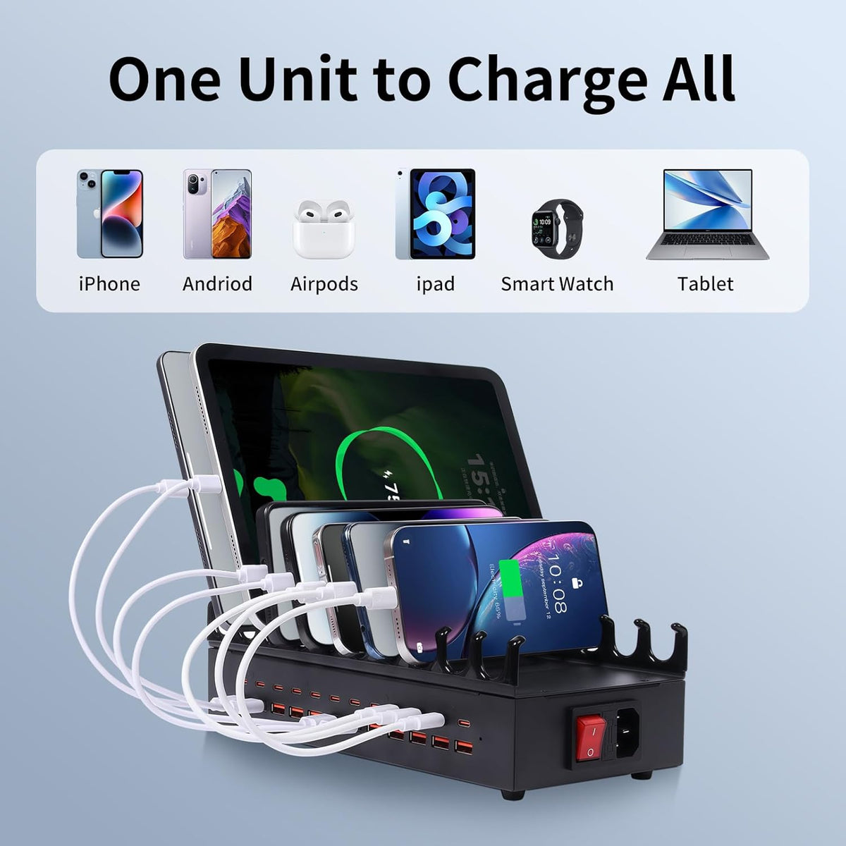 24 Ports 300W Charging Station for Multiple Devices with 10 Cables