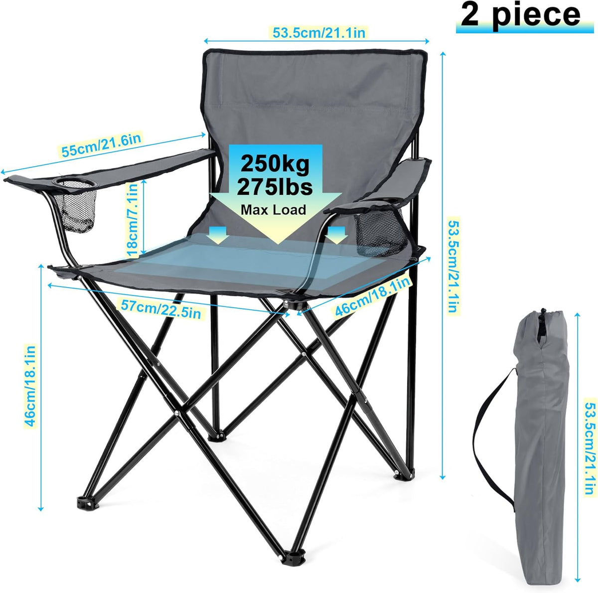 HaSteeL Camping Chair for Adults, Folding Beach Chair Set of 2, Large Foldable Portable Chair for Outdoors Fishing, Hiking, Sporting, Travel, Picnic, Lawn, Hold 275lbs & A Storage Bags (Grey)