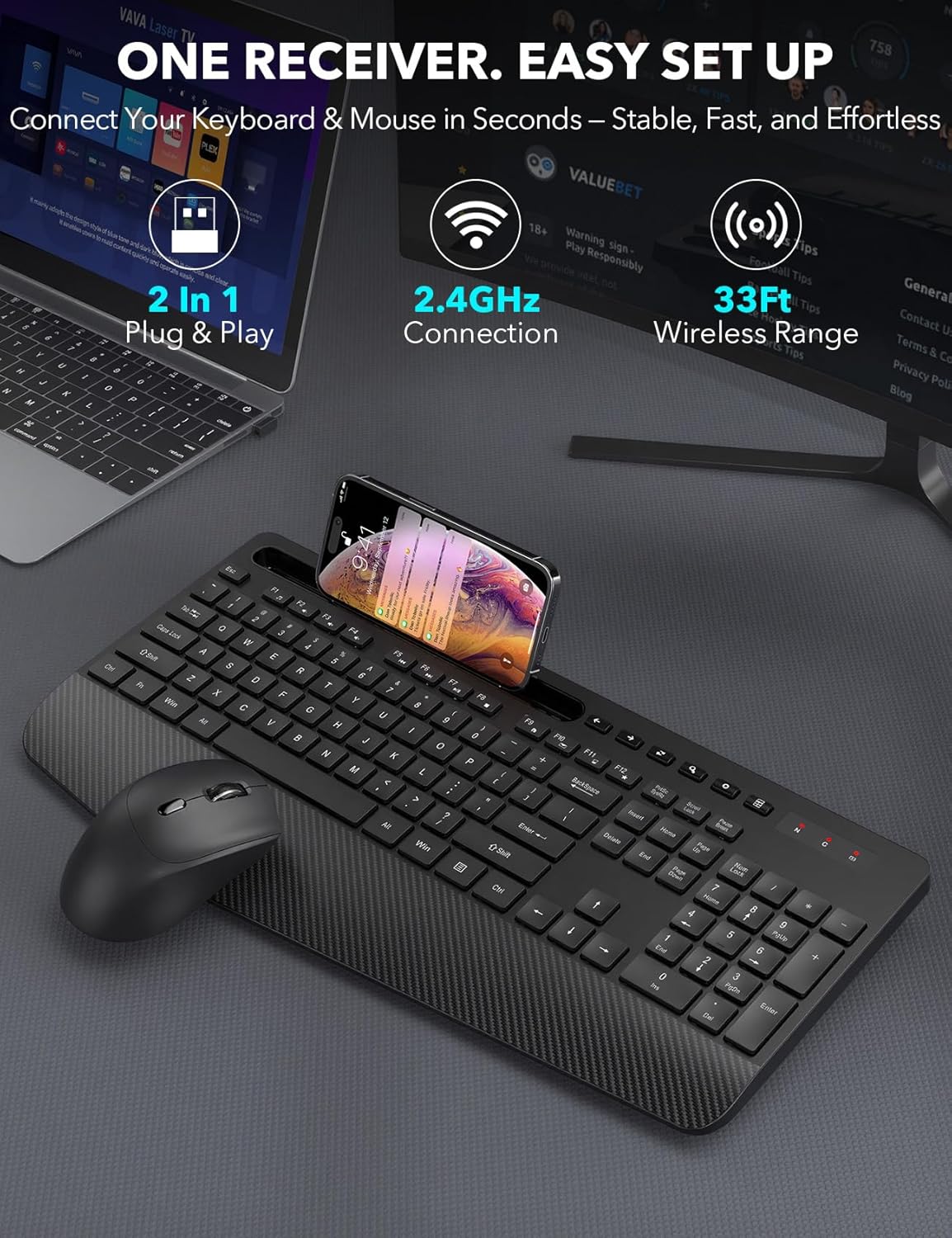 Wireless Keyboard and Mouse Combo - Full-Sized Ergonomic Keyboard with Wrist Rest, Phone Holder, Sleep Mode, 2.4G Quiet Keyboard for PC Laptop, Complete Work Setup for Office or Home -Trueque KM23