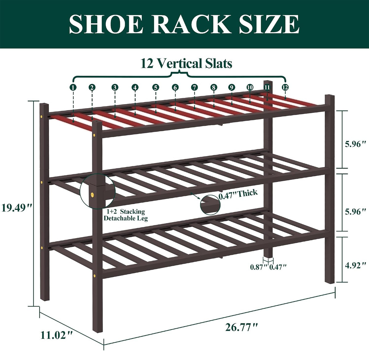 Smiry Bamboo Shoe Rack, 12 Vertical Slats, 3 Tier - 26.8" Wide, Brown