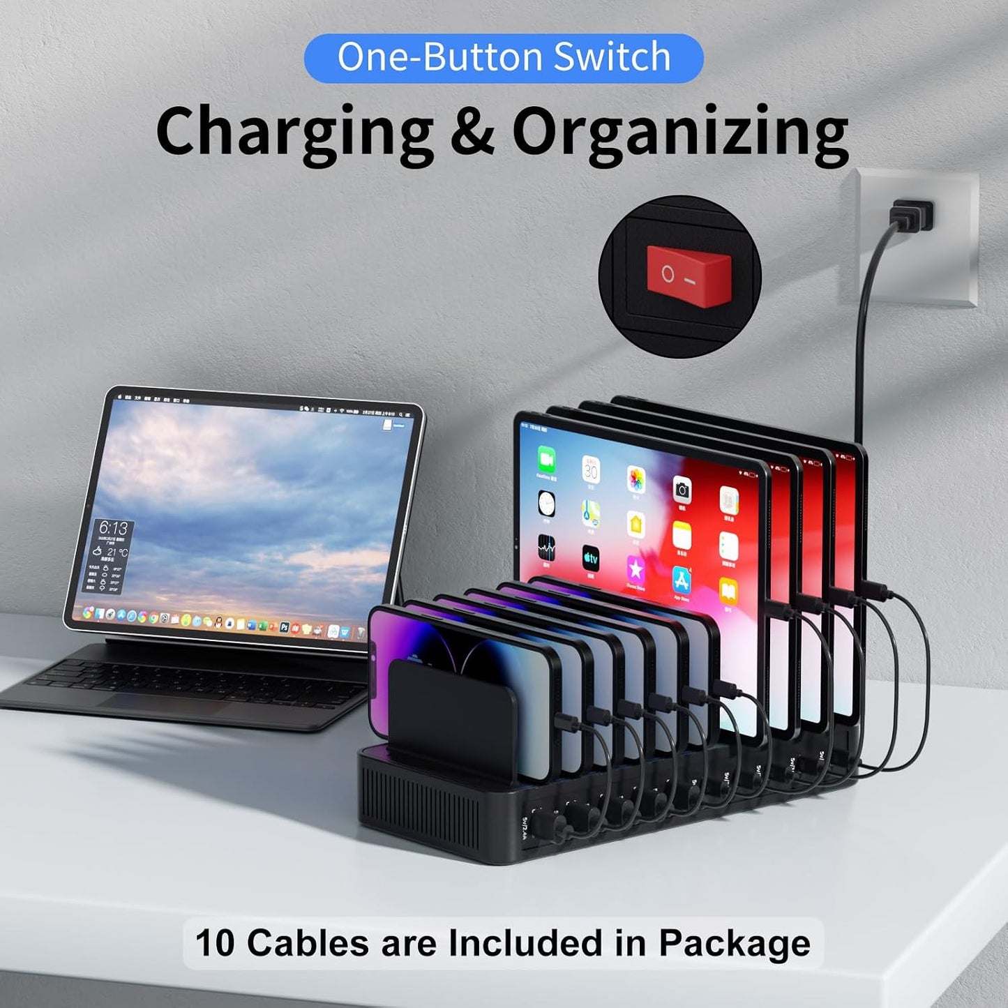 60W Charging Station for Multiple Devices, 10-Port USB Fast Charger | Device Organizer Charging Dock with 10 Mixed Charging Cable & Adjustable Dividers for iPhone, Android, iPad, Tablets & More