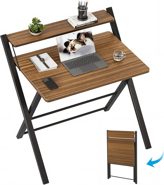 GreenForest No Assembly Folding Desk, 2-Tier Compact Computer Desk with Shelf, Space Saving Foldable Table for Home Office, Dorm or Apartment, Portable Collapsible Sturdy Laptop Desk, Espresso