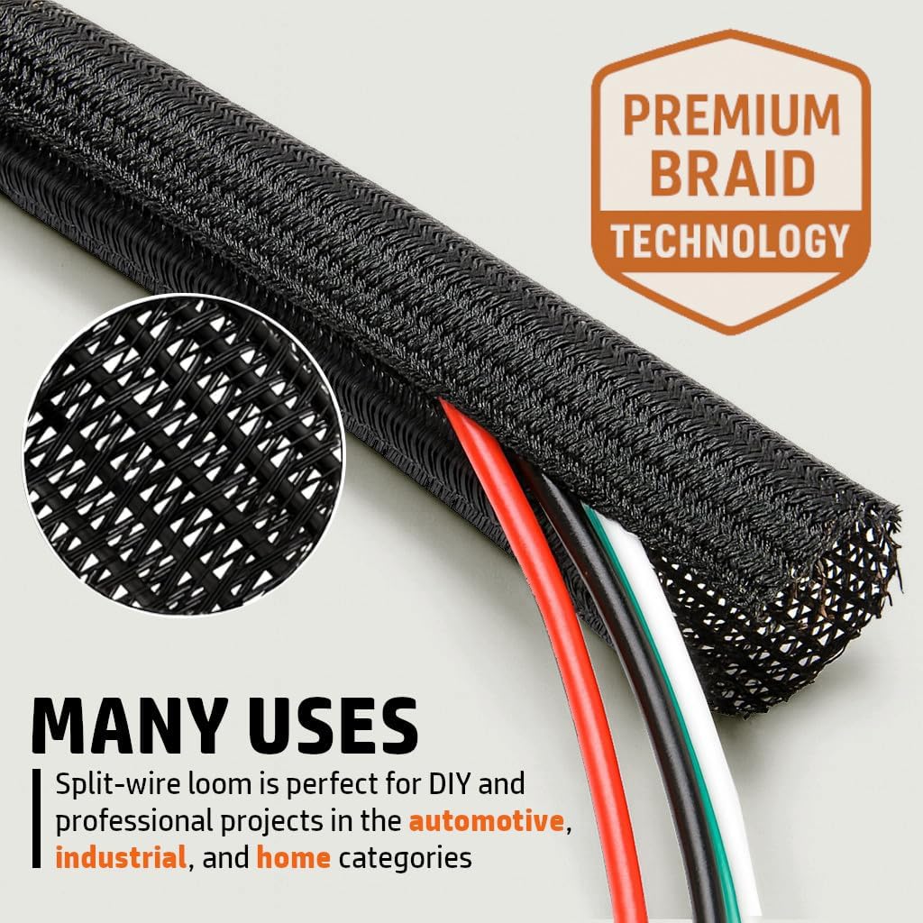 MGI SpeedWare Braided Split-Sleeve Wire Loom for High-Temperature Automotive Harness and Home Cable Management 25 feet (1/4")