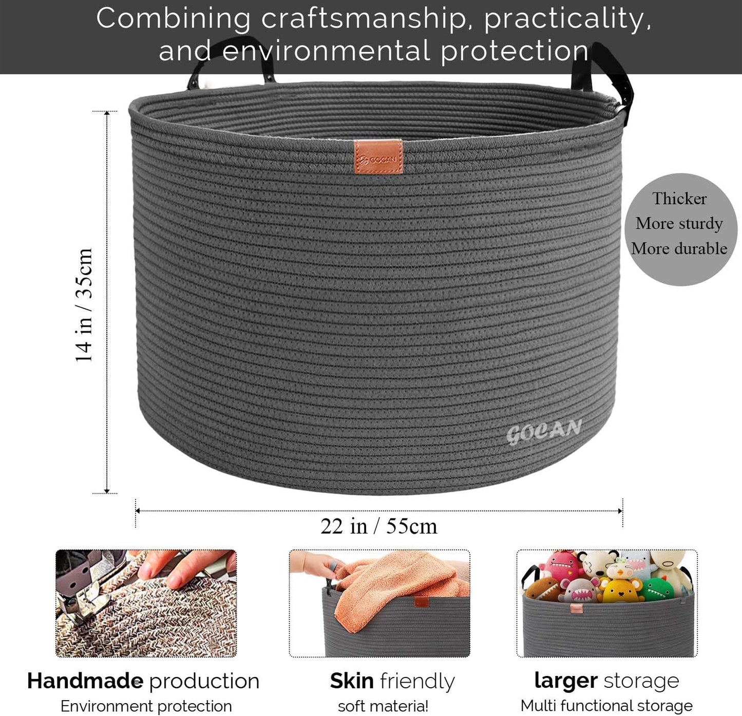 Cotton Rope Woven Laundry Basket 22"X 22"X 14" with handles(Dull grey) XXXL | Hand-woven, ideal for storing blankets and cushions in the living room, and clothes for household storage.