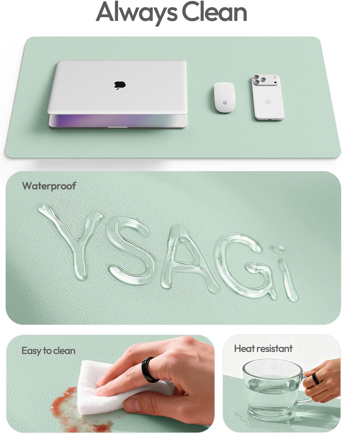 YSAGi Leather Desk Protector, Office Mat, Large Mouse Mat, Non-Slip PU Leather Blotter, Laptop Pad, Waterproof Writing Pad for Office and Home (Pale Green, 31.5" x 15.8")