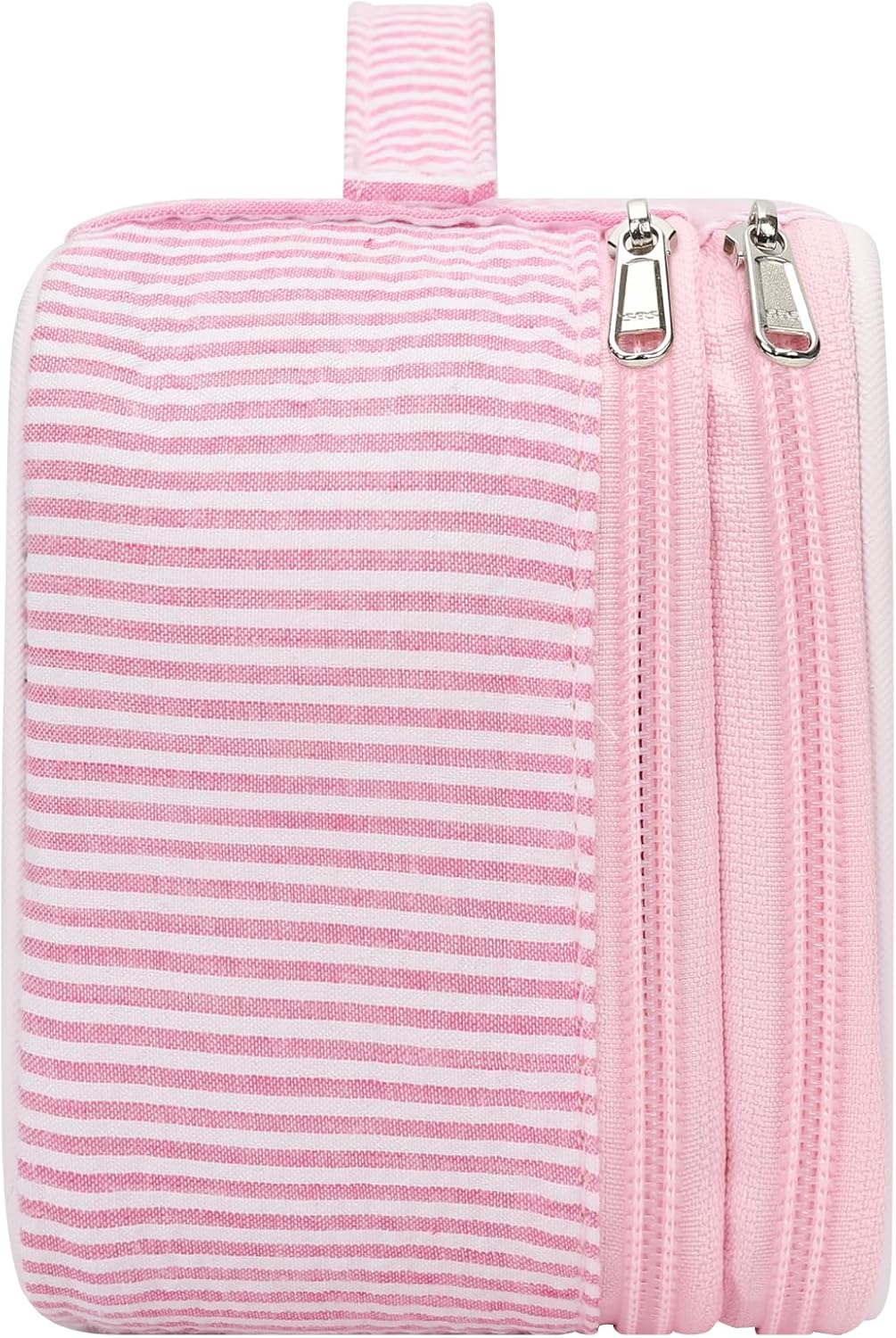 Relavel Cute Makeup Bag for Girls, Portable Pink Cosmetic Bag, Dual-layer Makeup Pouch with Brush Holder, Multi-Functional Preppy Toiletry Organizer for Travel, Daily Use - Pink Strip