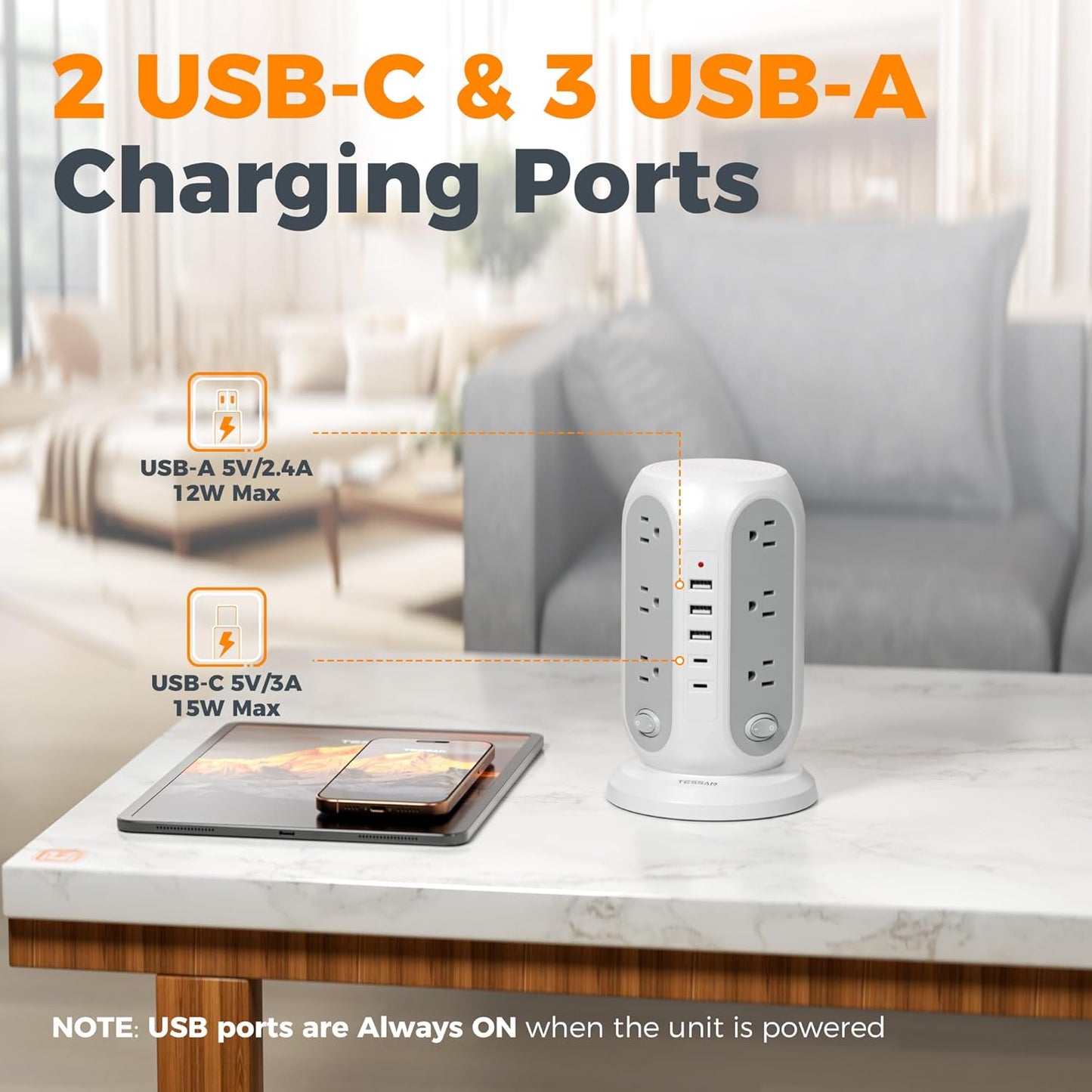 TESSAN Tower Power Strip with Individual Switches, 12 Outlets and 5 USB Ports(2 USB C), Flat Extension Cord 10 Ft, 1250W, Charging Station for Multiple Devices, Office, Dorm, Grey