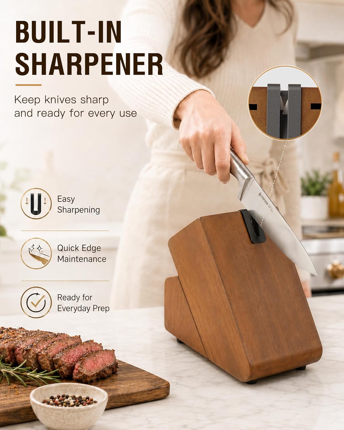 Astercook Knife Set, 15 Piece German Steel Kitchen Knife Set with Built-in Sharpener, One-Piece Knife Block Set Rust-Resistant Dishwasher Safe Block Knives Set for Cooking & Gift (Walnut Brown)