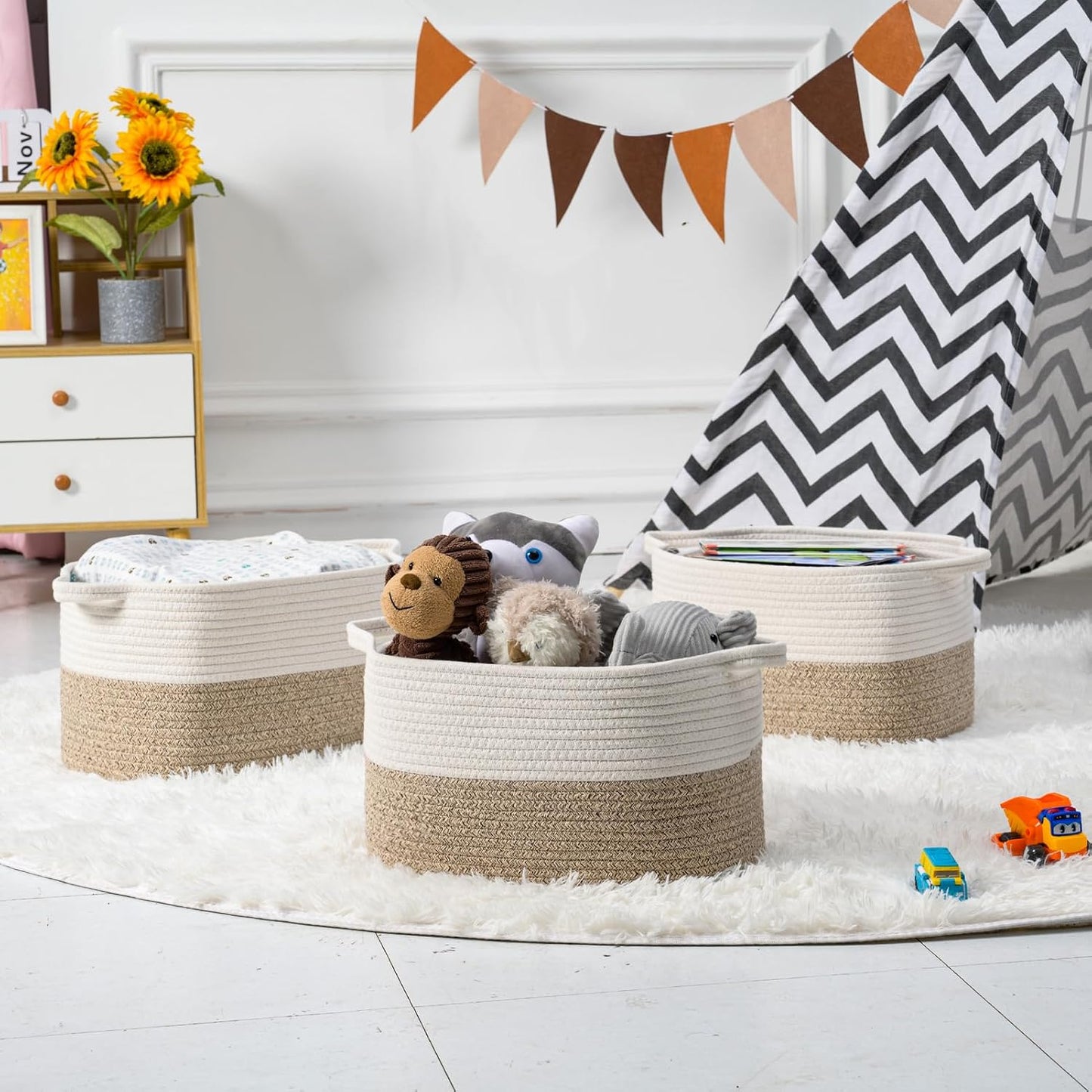 DUHEL Cotton Rope Woven Storage Basket (White&Brown-3PCS) | Used for Baby Hamper Toy Organizer, Gift Baskets Empty,Kids,Baby,nursery. Size 15x10x8.7 Inches.