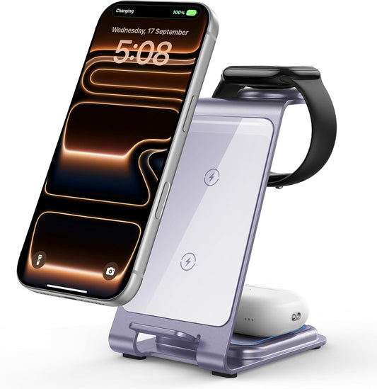 Intoval Aluminum 3 in 1 Wireless Charging Station for iPhone 17 16 15 14 13 12 11 Pro Max XR, Wireless Charger for Apple Watch 11 10 9 8 7 Ultra SE 3 2, Phone Charger for AirPods 4 Pro 2 3 (Lavender)
