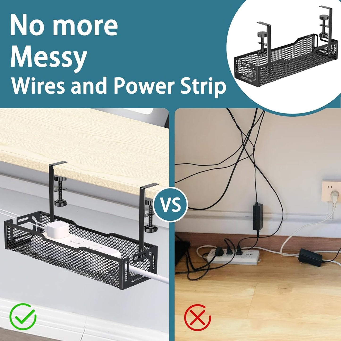 Under Desk Cable Management Tray, No Drill Mesh Cable Tray Cord Organizer | Wire Management Tray Cable Management Rack, Cable Management Box (Black)