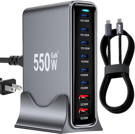 550W USB C Fast Charger Block, PD 3.1 140W USB C Charging Station, GaN Ⅲ Multi-Port PD PPS Fast Charging Station for Multiple Devices,Laptop Wall Charger Compatible with MacBook iPad iPhone 17/16 etc