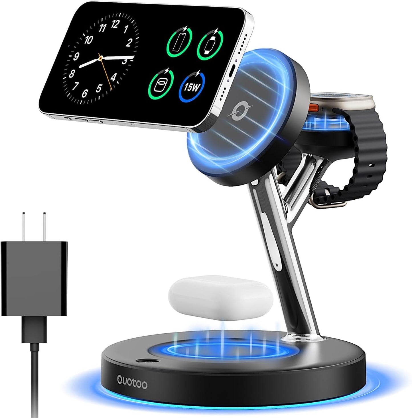 Wireless Charger 3 in 1 for iPhone, Magnetic Charging Station for Apple Family with Adjustable Blue Ambient Light, 15W Fast MagSafe Charger Stand,for iPhone17-12-iWatch AirPods Series