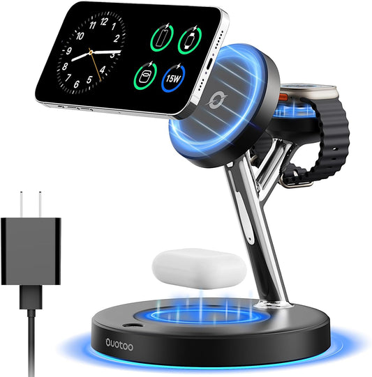 Wireless Charger 3 in 1 for iPhone, Magnetic Charging Station for Apple Family with Adjustable Blue Ambient Light, 15W Fast MagSafe Charger Stand,for iPhone17-12-iWatch AirPods Series