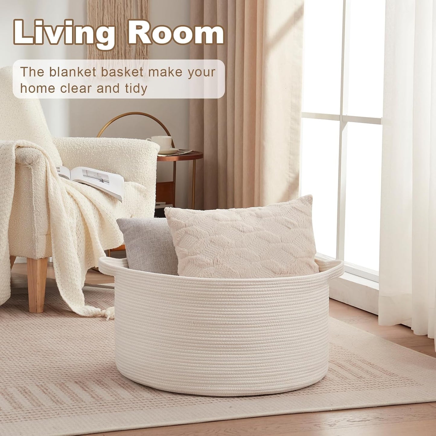 OIASKET Large Woven Baskets for Storage, 22.8" x 22.8" x 13" Blanket Storage Living Room, Baby Toy Basket for Clothes, Pillows, Towels, Shoe Basket for Entryway (White)