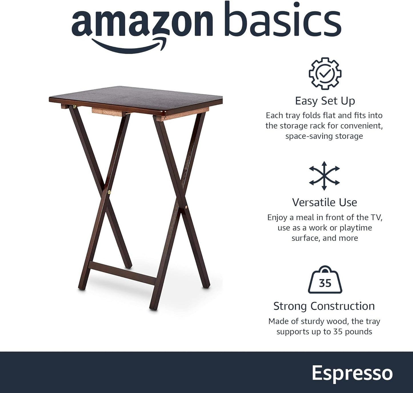 Amazon Basics Portable Foldable TV Tray Table with Storage Rack, Space-Saving Design, Sturdy Wood, 14.6"L x 19"W x 26"H, Espresso, 4-Pack