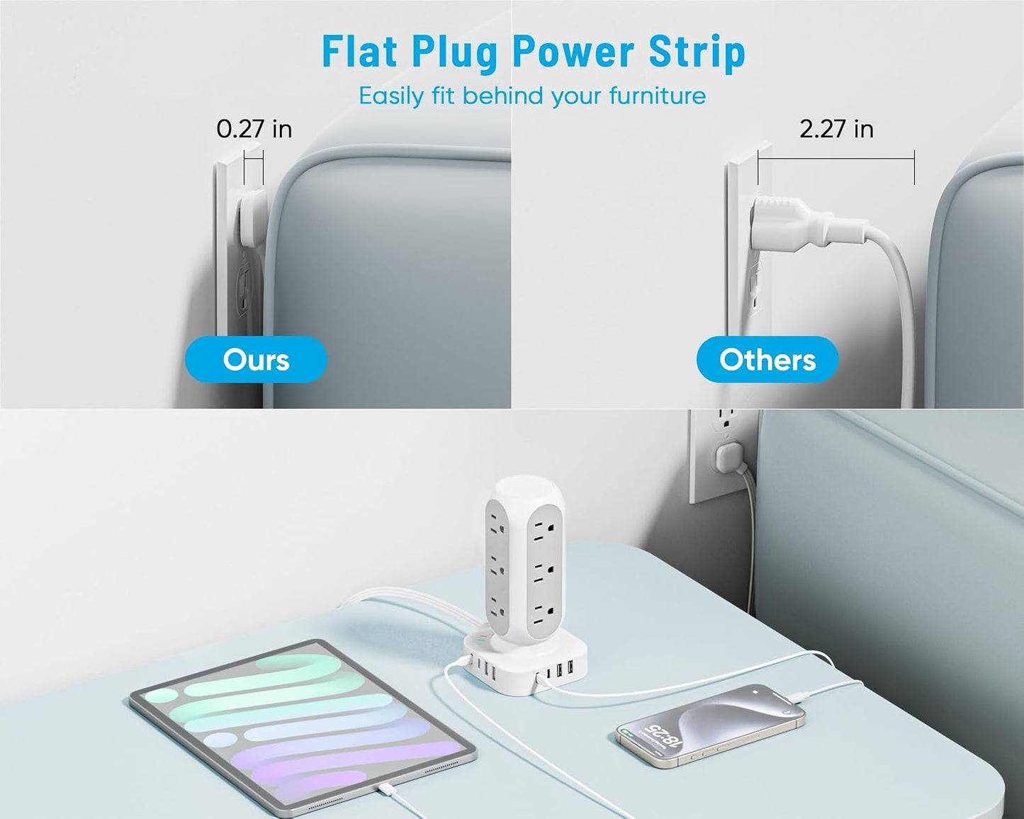 TenTrend Power Strip Tower, 4.8A Fast Charging Tower, 10 FT Extension Cord | 12 AC Outlets & 8 USB Ports (4USB-C), Flat Plug Charging Station for Home, Office, Dorm Room