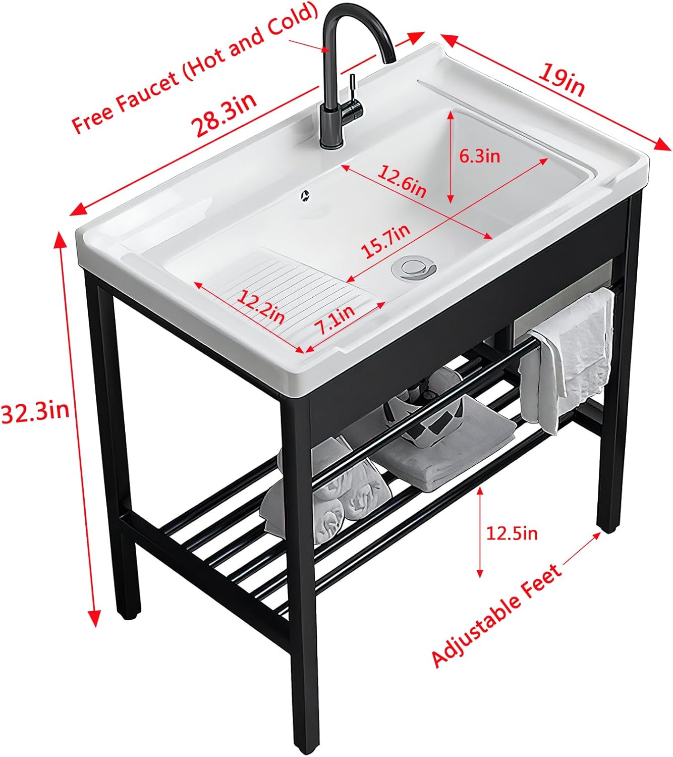 Freestanding Laundry Utility Sink, 28.3" x 19" x 32.3" Ceramic Utility Sink with Washboard Set with Bracket and Drain Kit for Laundry Room, Utility Room, Garage, Basement, Outdoor and Indoor