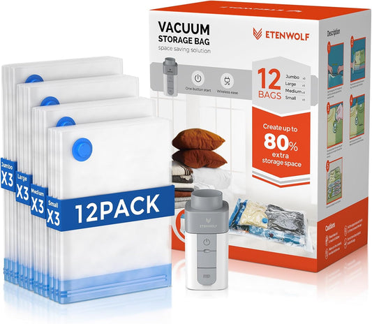 ETENWOLF Vacuum Storage Bags for Travel with Rechargeable Wireless Pump, Vacuum Seal Bags for Clothes and Travel, Space Saver Bags in Carry-On Sizes, Perfect for Luggage and Suitcases, 12 Combo