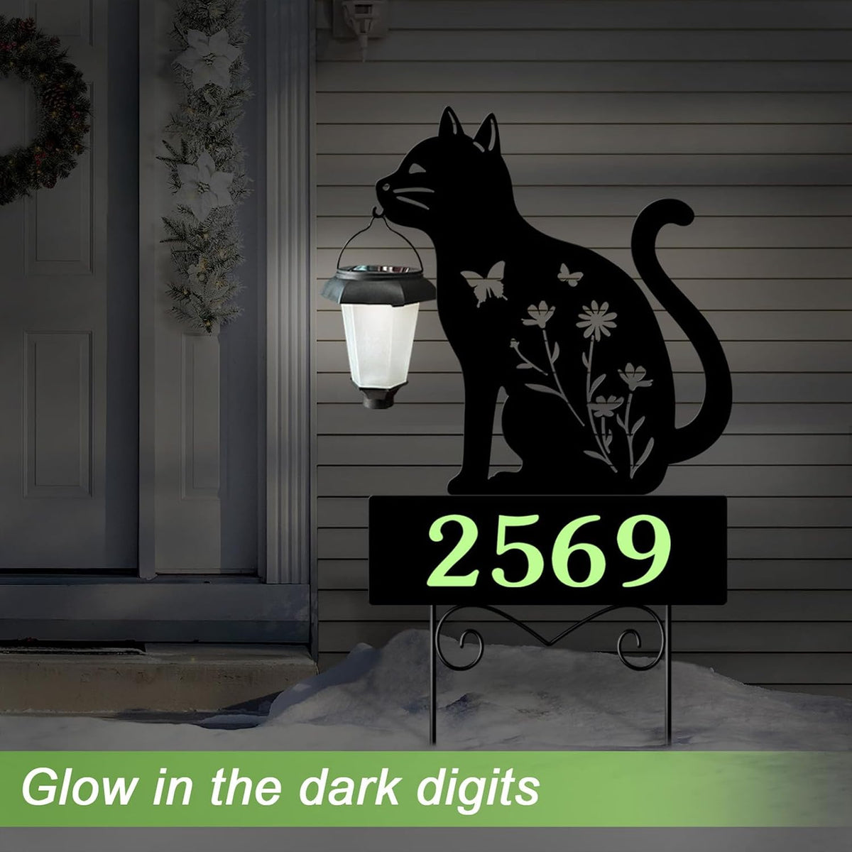 Solar Address Signs for Houses,Metal Cat House Number Outside Yard Stakes