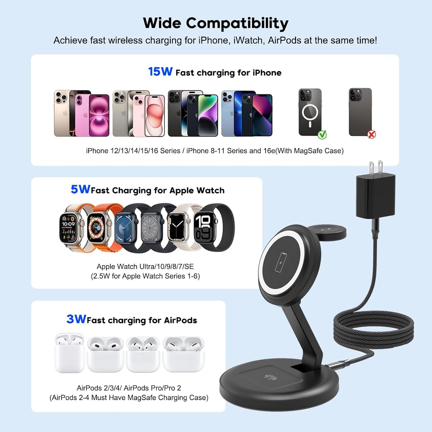 Charging Station, 3 in 1 Foldable Wireless Charger iPhone Charging Station Charger Stand Multiple Devices for Apple, with PD Adapter and USB C Cable for iPhone 17/16/15/14/13,iWatch,AirPods All Series