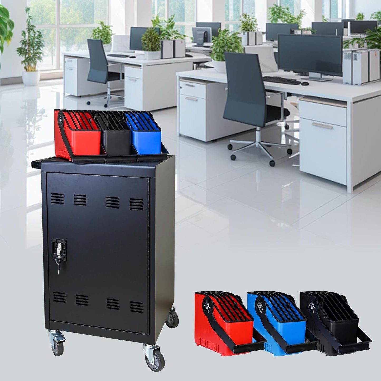 30-Device Charging Cart for Laptops, Lock, Black | Laptop Storage, 6×5-Slot Baskets, Cord Management, Access Lock, for iPads/Chromebooks, for School/Business