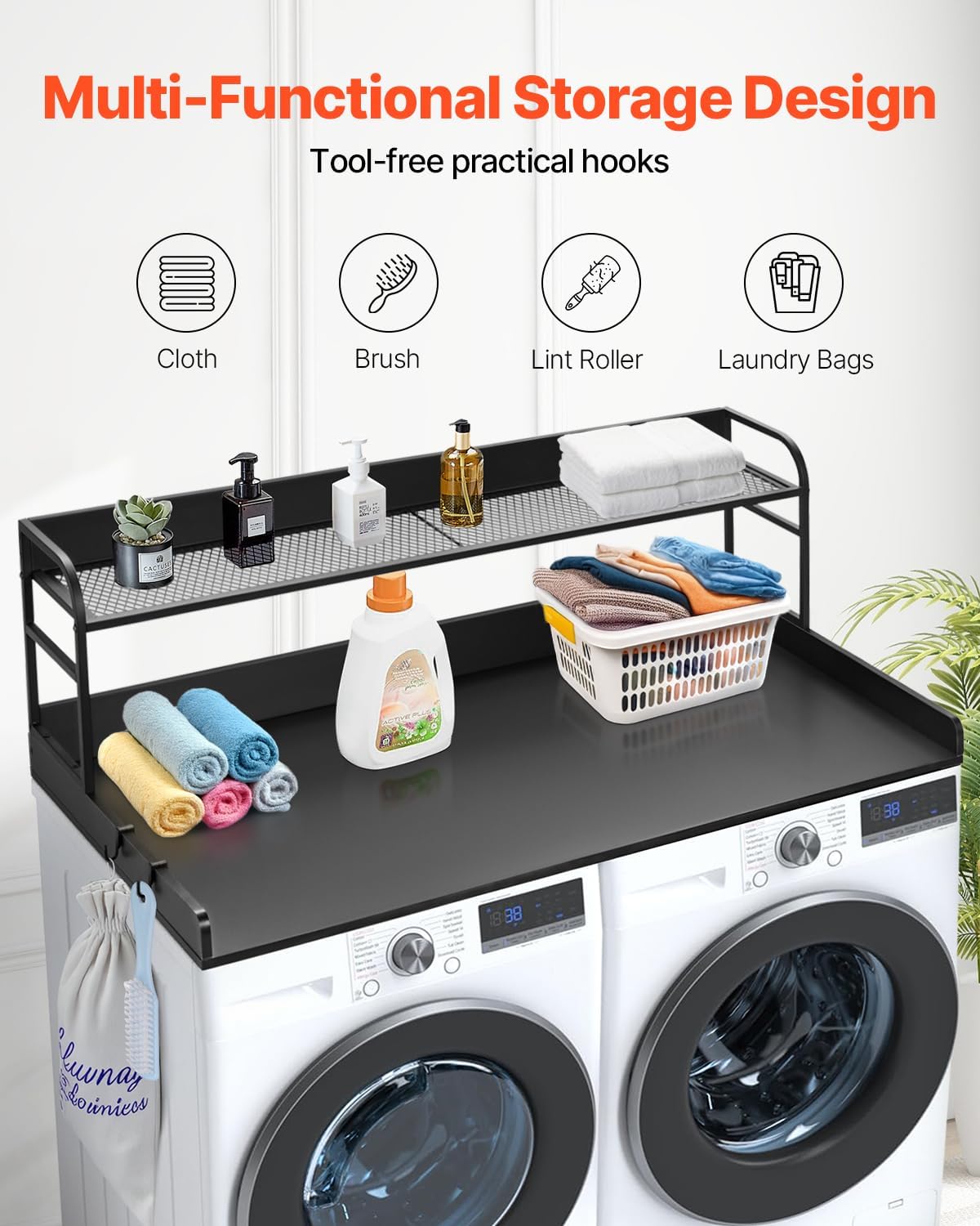 VEVOR Washer Dryer Countertop with 2-Tier Shelf, 54" x 27" Wooden Washer and Dryer Countertop with Anti-Slip Pads, Water-Resistant Laundry Topper Cover for Laundry Room Organization and Storage, Black