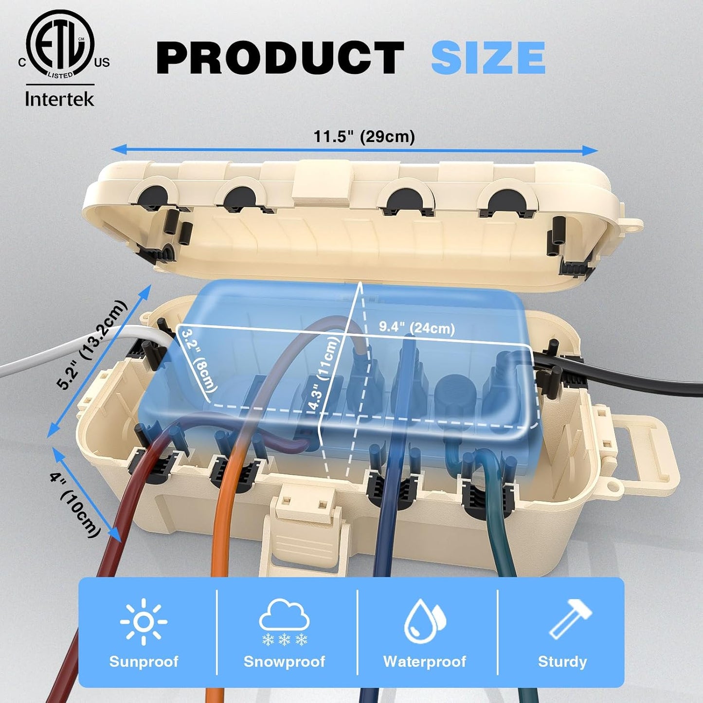 Flemoon Medium Outdoor Electrical Box, IP54 Waterproof Extension Cord Cover | Inner Size 9.4 x 4.3 x 3.2 Inch, 6 Cable Entry Ports, Weatherproof Connection Box for Outlet, Plug, Holiday Lights, Almond