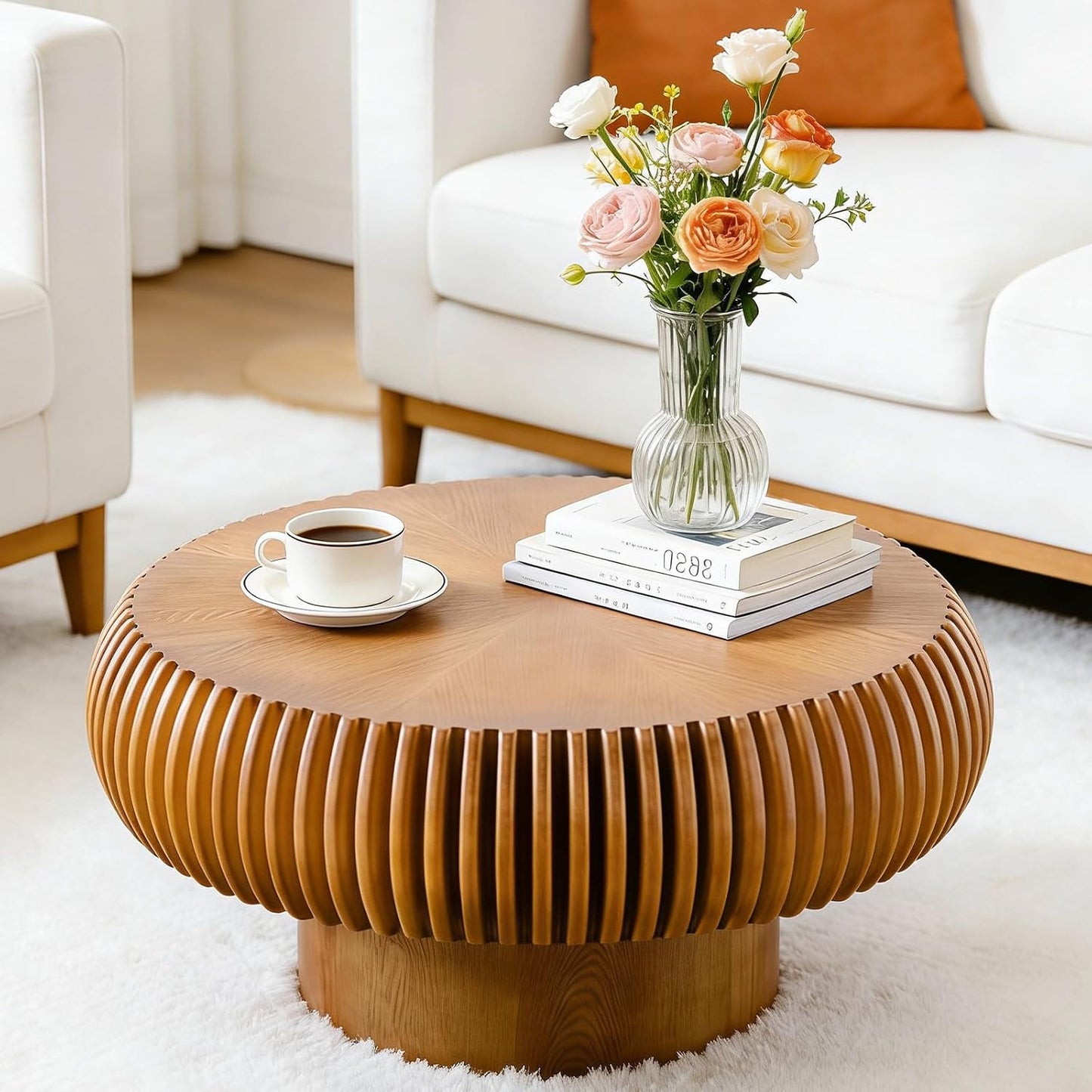31" Brown Round Wood Fluted Coffee Table for Living Room (D) | Drum Shape, Wood Veneer Top & Base, Rustic Modern Style, Low Circle Center Table, For Apartment Small Space, Easy to Assemble