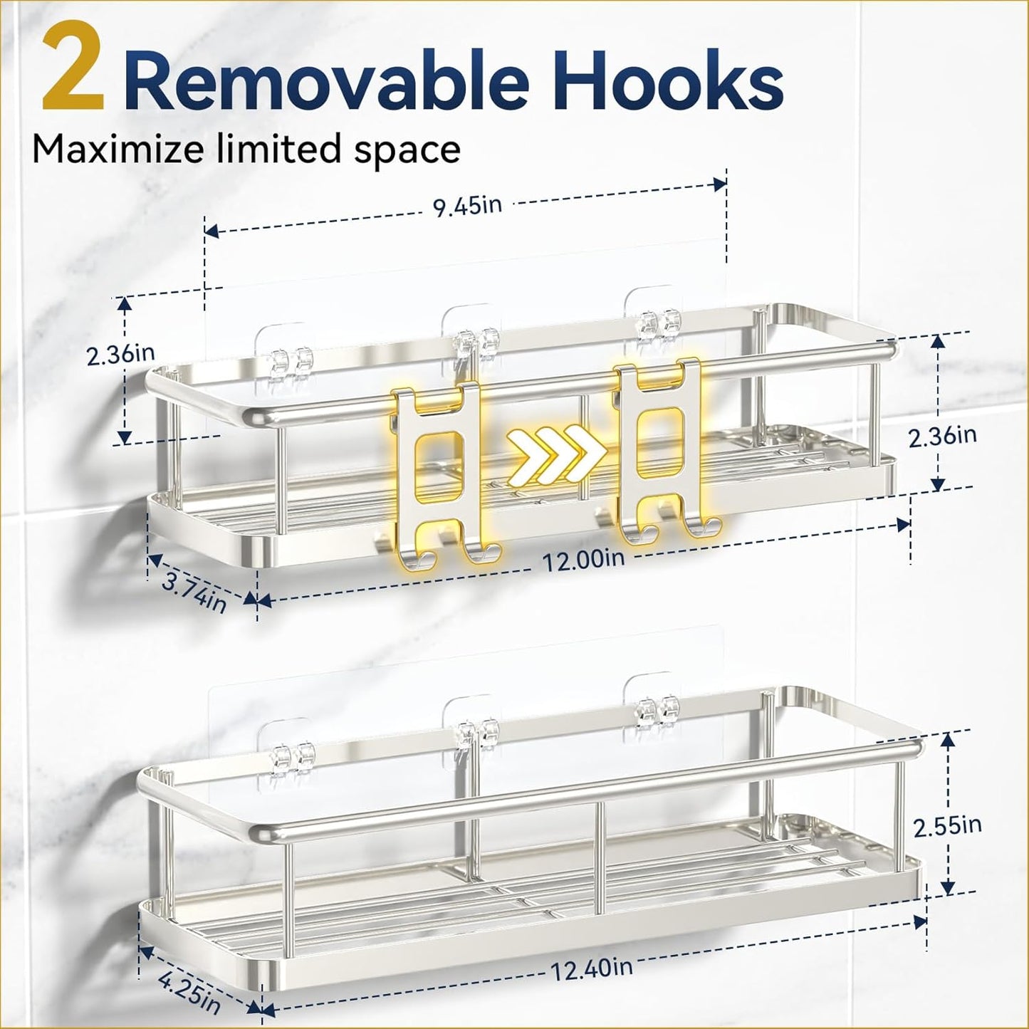 YASONIC Shower Caddy Adhesive, No Drill Bathroom Shower Organizers, with Removable Hooks, Rust Proof Shower Shelves, Wall-Mounted Shower Holder, 2 Pack Silver
