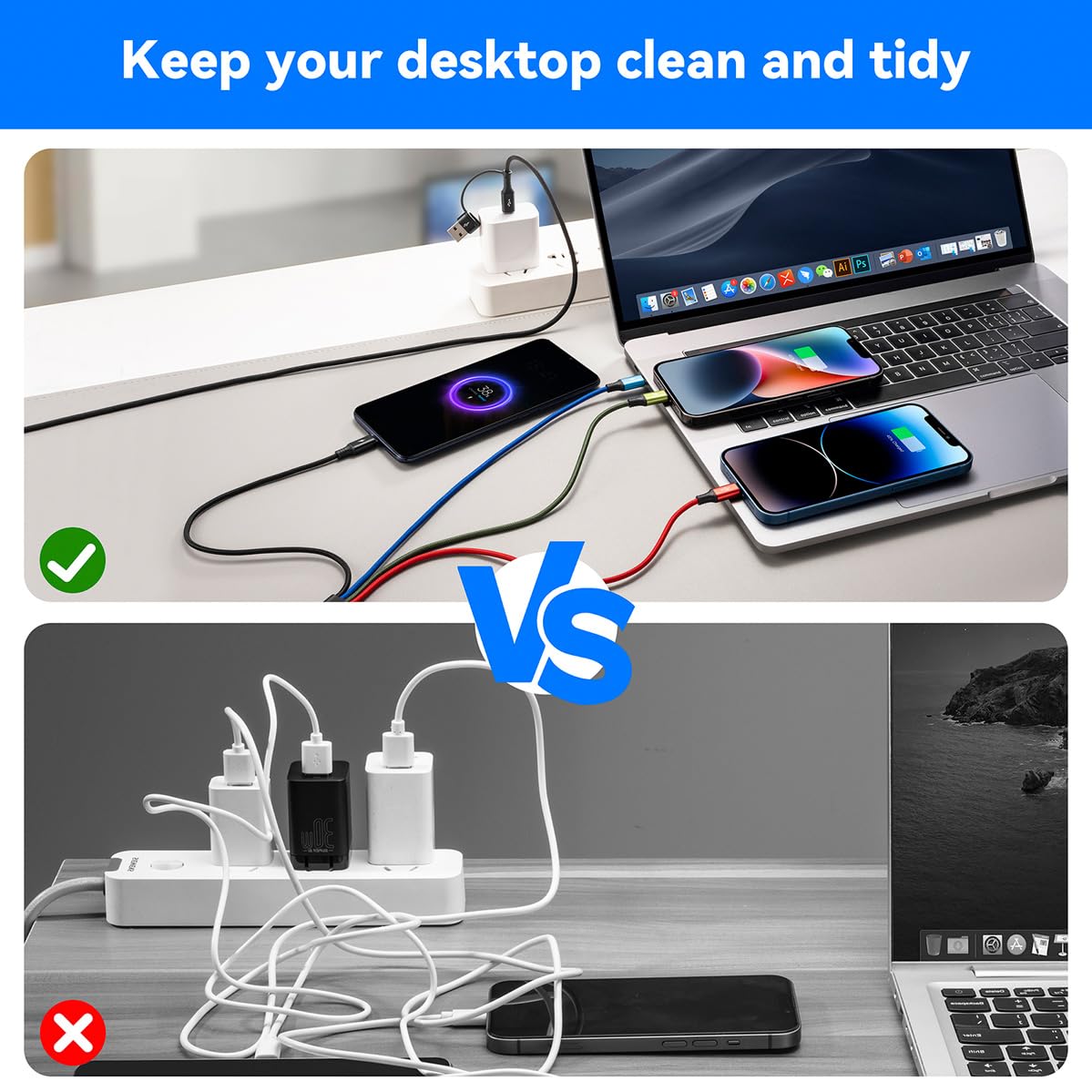 6 in 1 Multiple Charging Cable, 2Pack 6Ft Multi Chargers Cord for All Devices Braided USB A/C to Lightning/Type C/Micro USB Ports Universal Charger Cable for iPhone Series/Samsung/Tablets/PS and More