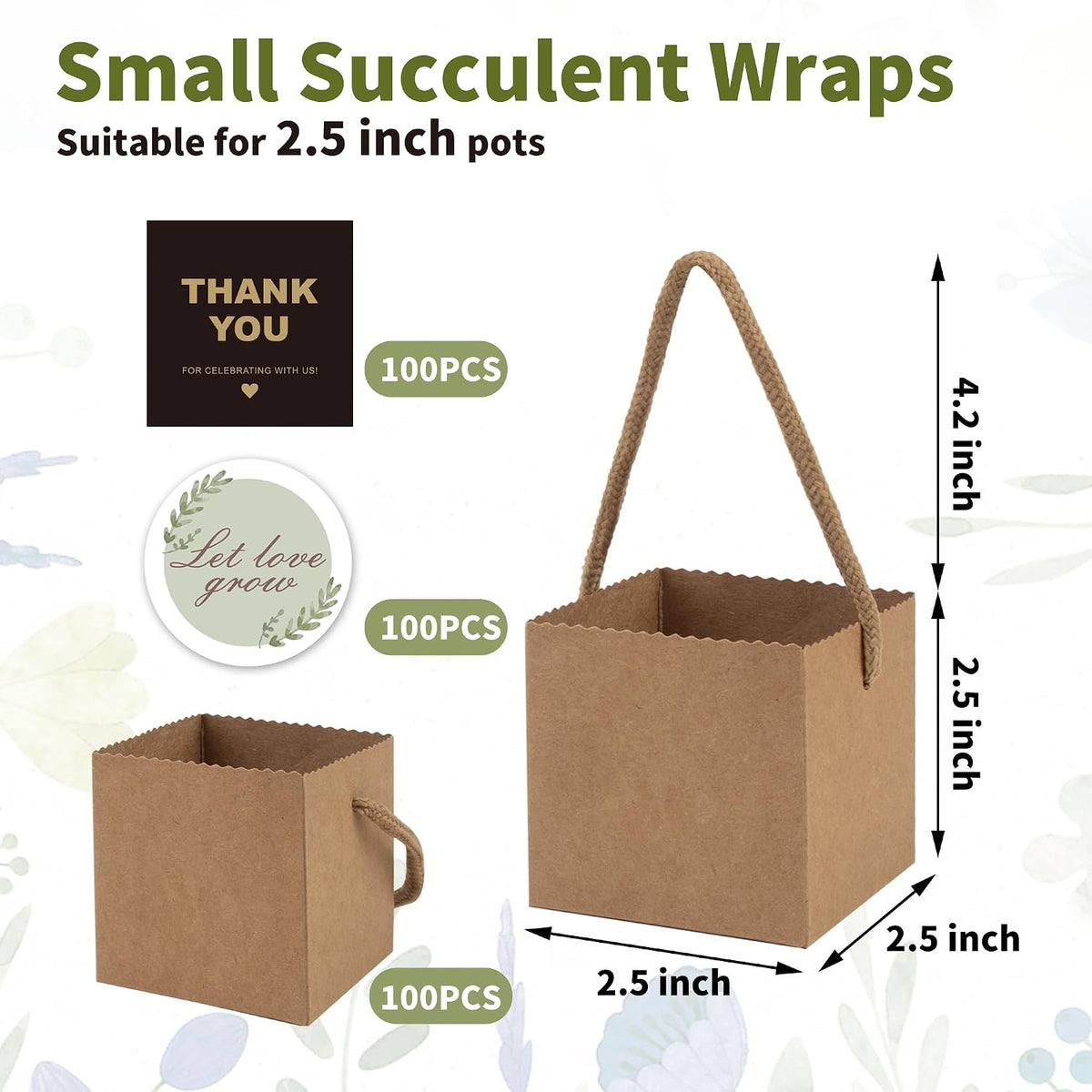 Temlum 2.5 Inch Succulent Wrap Bags (Fits 2.5″ Pots) with Thank You & Let Love Grow Stickers, Small Gift Box for Wedding, Baby Shower, Succulent Party Favors for Guests (Brown 100pcs)