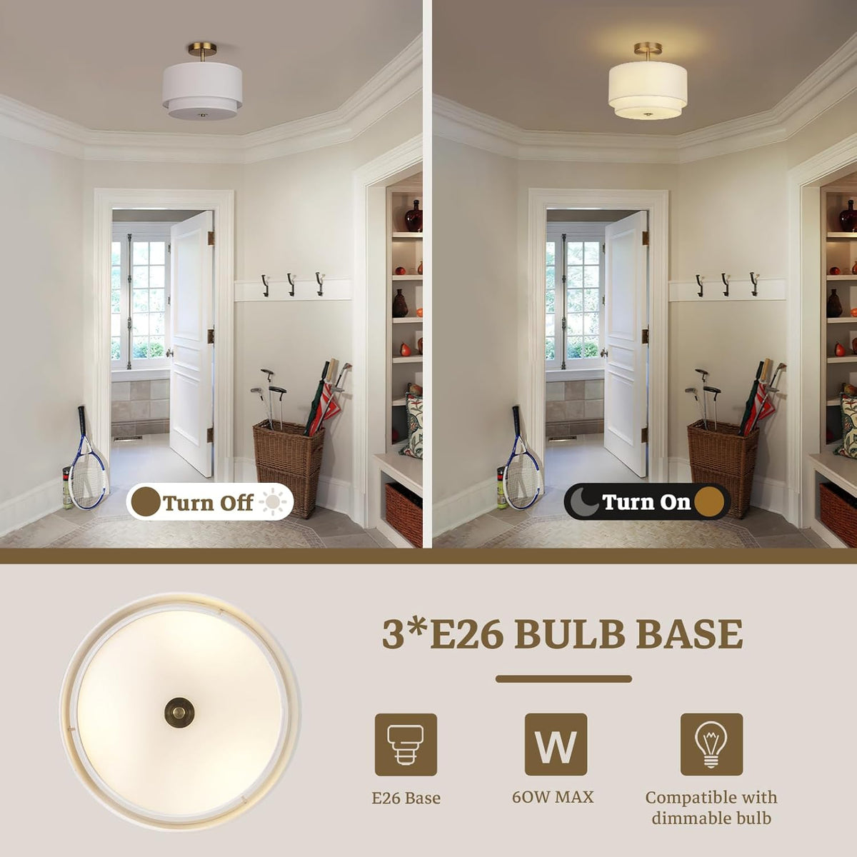 Vexagyle Gold Light Fixtures Ceiling Mount,12.6'' Semi Flush Mount Ceiling Light Fixtures,Nursery Light Fixture with 2-Layer White Shade,Modern Drum Ceiling Lights for Bedroom,Living Room,Hallway