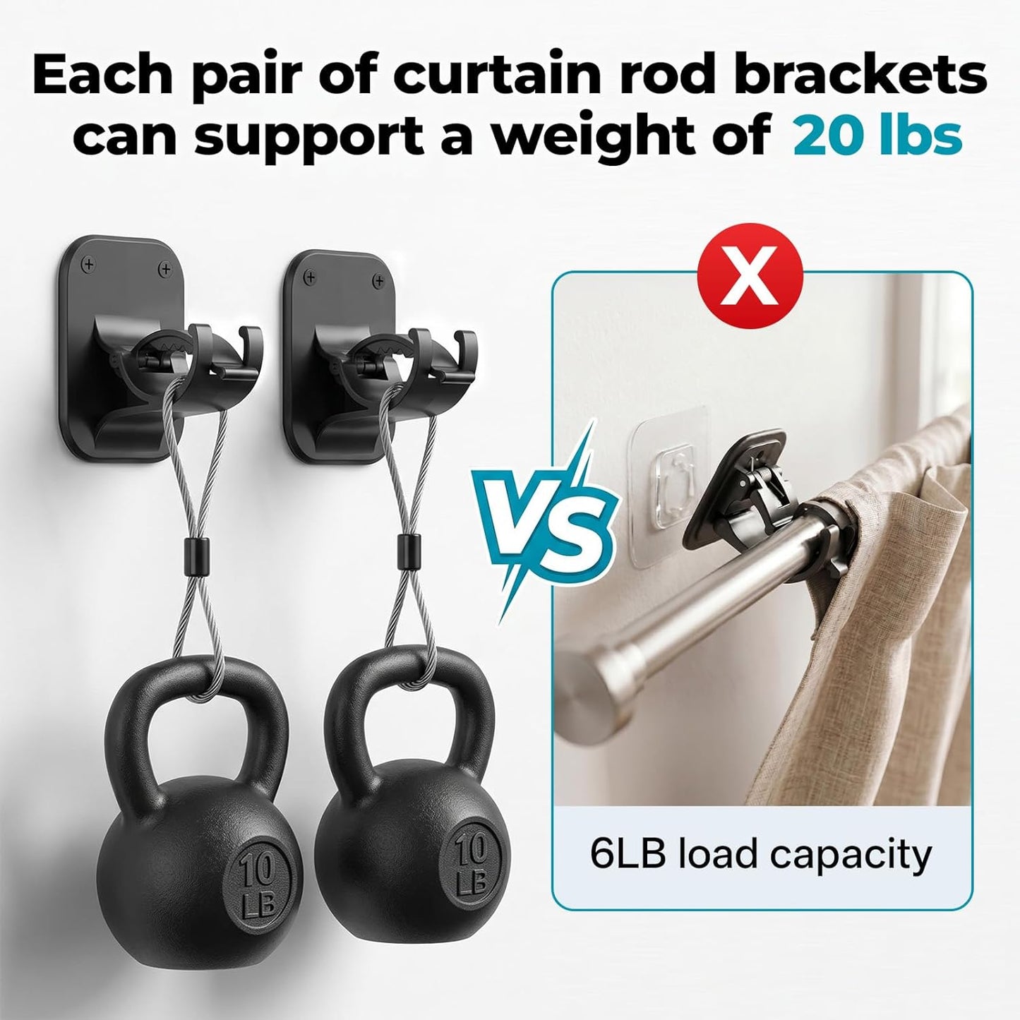 JHCJHC No Drill Curtain Rod Brackets - 20LB, 4 Pack Self Adhesive Curtain Rod Holder, Peel and Stick Wall Hooks, Renter Friendly Upgrades for Apartment, Kitchen, Bathroom, Dorm, Living Room and RV