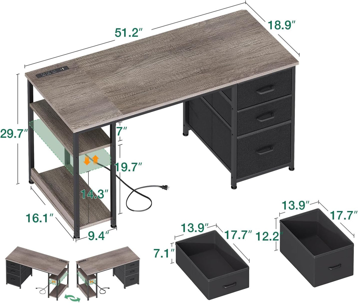 AODK 51 Inch Computer Desk with Drawers & USB Power Outlets - Reversible Home Office Desk with Storage Shelves, Work from Home, Modern Work/Writing/Study Table for Bedroom, Grey Oak