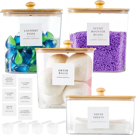 Laundry Room Organization Container, 4pcs Acrylic Laundry Pod Storage Containers, Dryer Sheet Holder Jars with Bamboo Lids and Labels for Scent Booster Powder Detergent Pods Storage