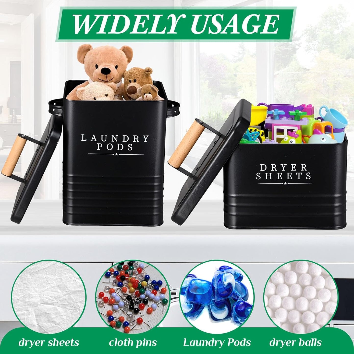 Yaocom 2 Pcs Laundry Pod Container with Dryer Sheet Holder Farmhouse Laundry Room Decor Organization and Storage Detergent Container Box with Lid Handle Metal Dryer Sheet Dispenser(Black)