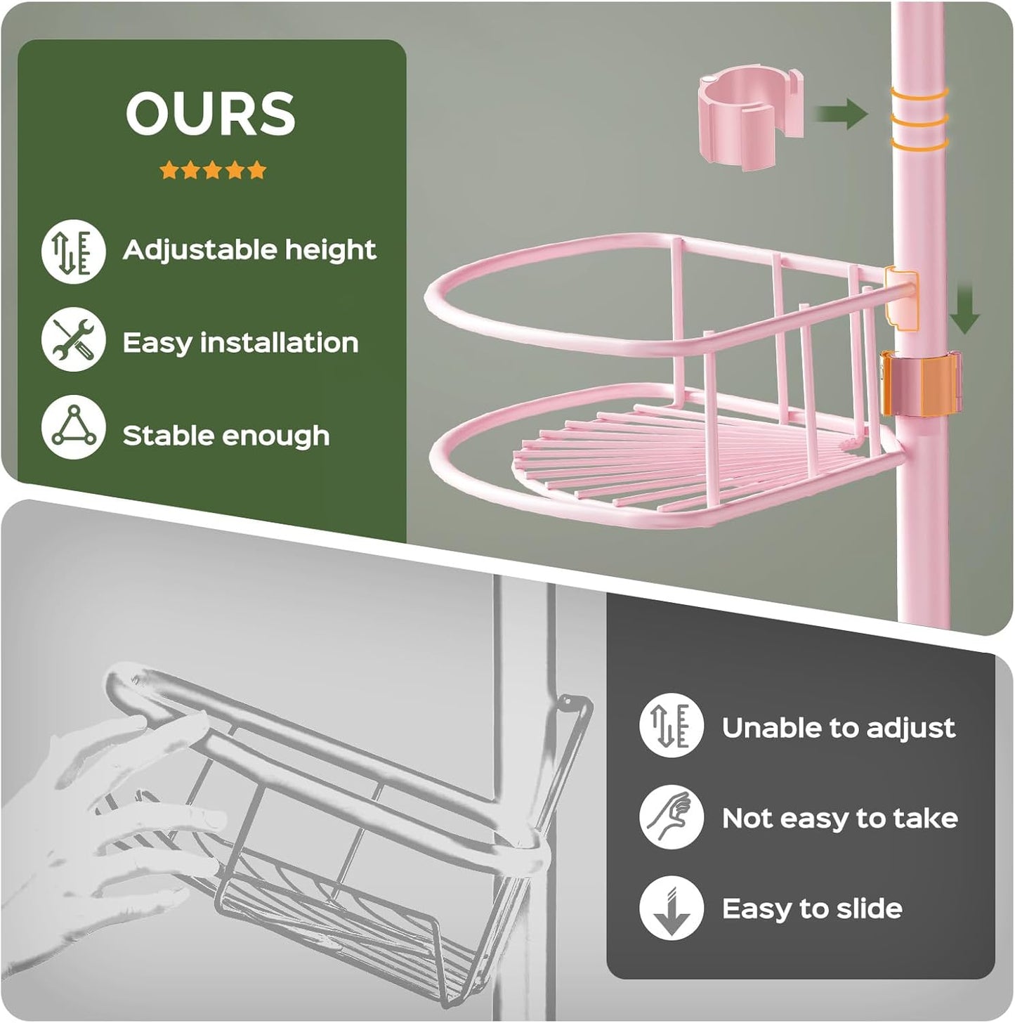 HAMITOR Corner Shower Caddy Tension Pole: 4-Tier Rust-Resistant Adjustable Bathroom Organizer Shelves - 47-121 Inch No-Drill Quick Installation - Space-Saving Storage for Renters Family - Pink