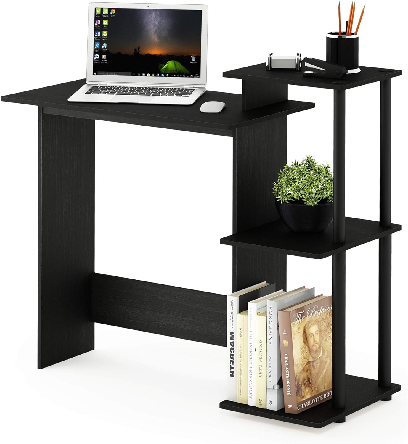 Furinno EFFICIENT Desk, 28.6" Wide Gaming Desk with 3 Open Side Shelves, Laptop Notebook Computer Desk, Office Desk for Home Office, Study Room, Dorm, Bedroom, Americano
