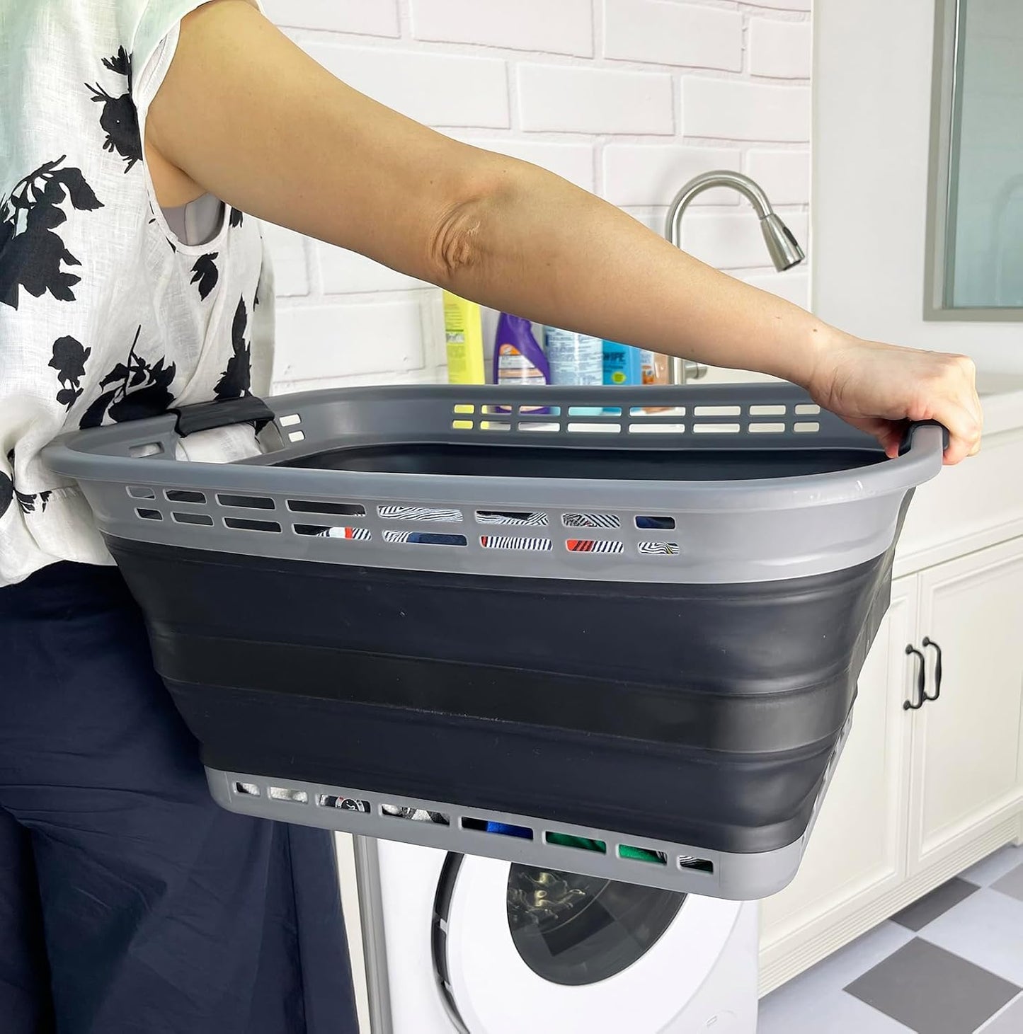 SAMMART 42L (11 Gallons) Collapsible Plastic Laundry Basket - Foldable Pop Up Storage Container/Organizer - Portable Washing Tub - Space Saving Hamper/Basket [BPA Free] (Grey/Black)