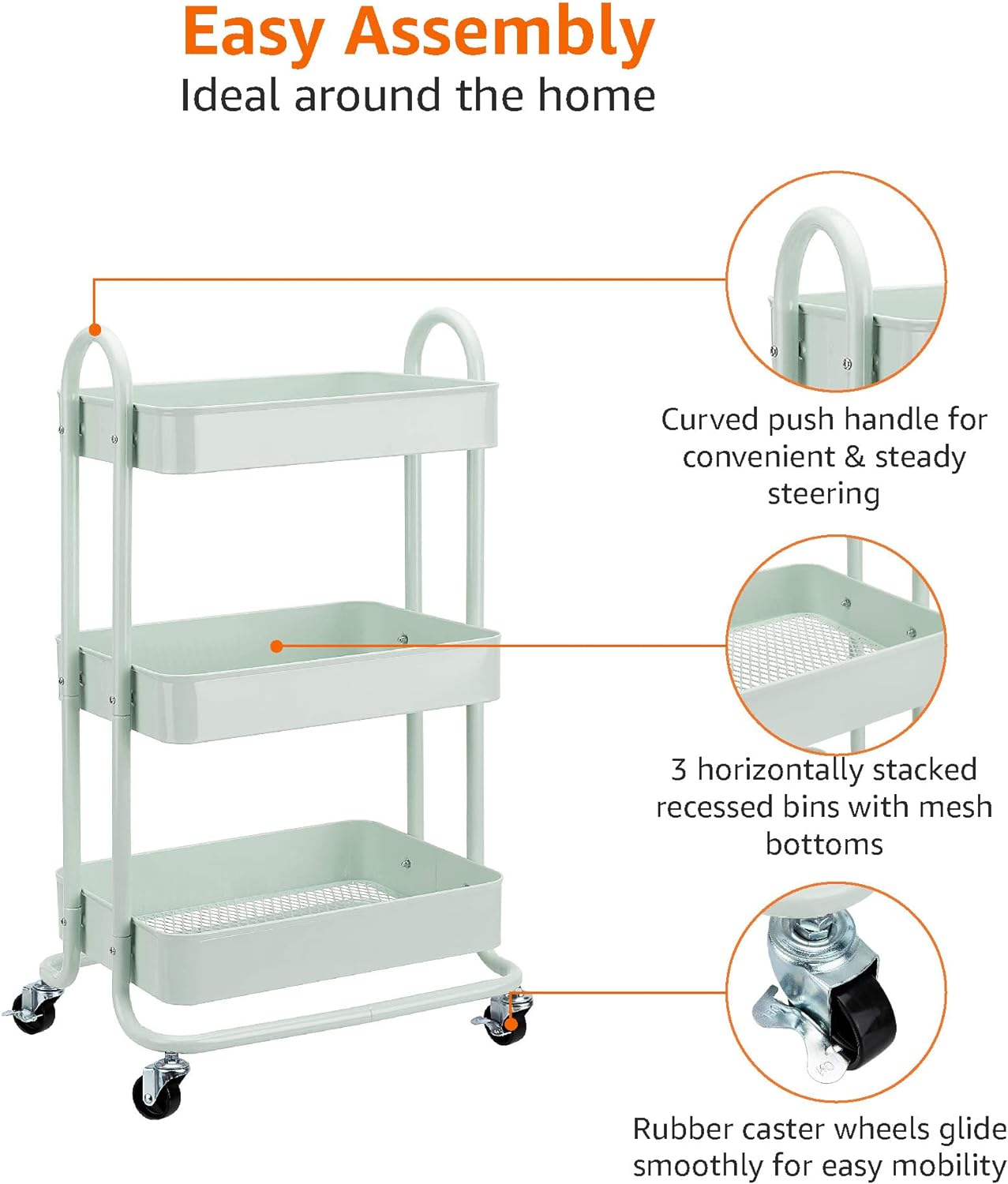 Amazon Basics 3-Tier Metal Rolling Utility Cart, Storage Organizer, Multi-Functional Kitchen Island Cart, Portable Shelving Unit with Caster Wheels, Mint Green
