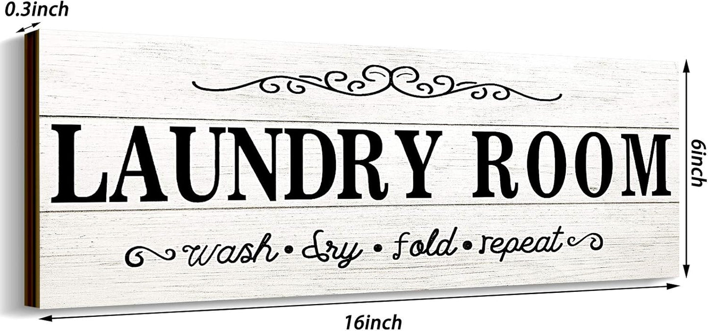 Laundry Room Decor Sign Wooden Rustic Farmhouse Family Laundry Room Wall Sign Wash Dry Fold Repeat Wall Decor Prints for Home, 16 x 6 Inches(White)
